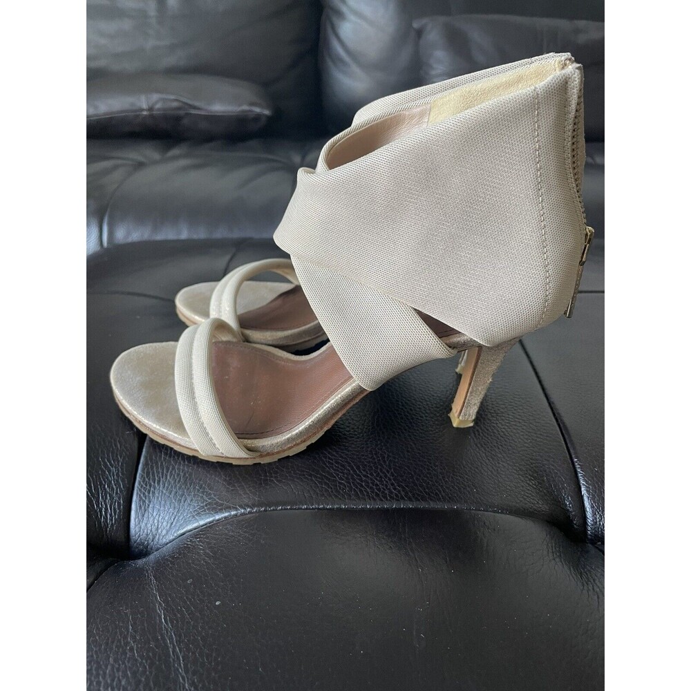Donald J. Pliner Womens Beige Heel Sandals Shimmer Leather Canvas Shoes 7.5